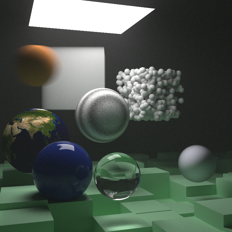 Lit by a single square light at the top of the image, several spheres and cubes hover above a floor of green cubes of diffing heights. One sphere is brown and in motion from left to right, another has an image of the earth as its texture, another is glass, another is emissive and reflects light like glass despite being a deep blue, another has a noisy black and white pattern circling it, and the last is metallic but very dull so reflects little. The cubes sit behind the spheres, one made of spheres itself, looking like a packed box of styrofoam, and the other, a solid block of fog or steam that absorbs the light and hides the dark grey background from view.